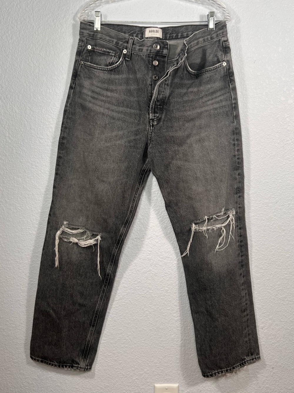 Agolde 90’s Washed Black Relaxed Ripped Knee Straight Leg Jeans Sz 29